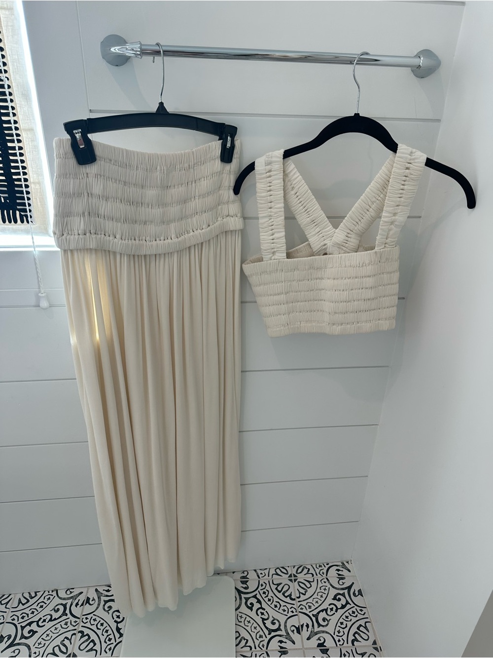 A.L.C. Cream Smocked Maxi Skirt and Matching Cropped Top